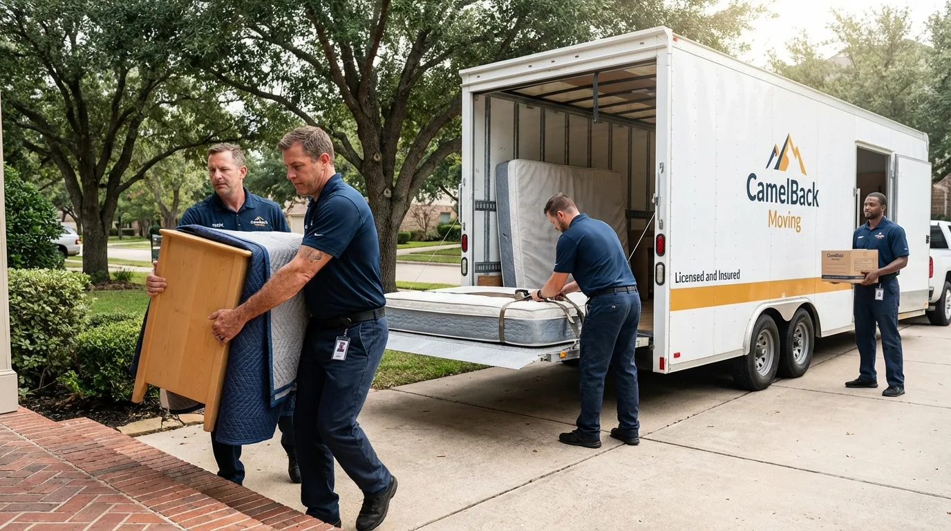 Crew loading residential truck for cross-state move from Fairview, NC