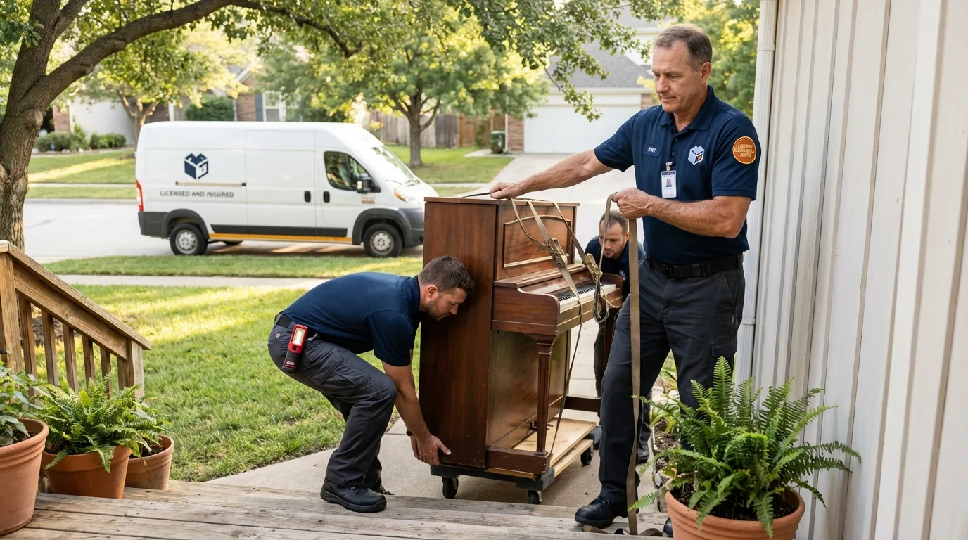 Licensed piano movers securing grand piano in Fairview, NC