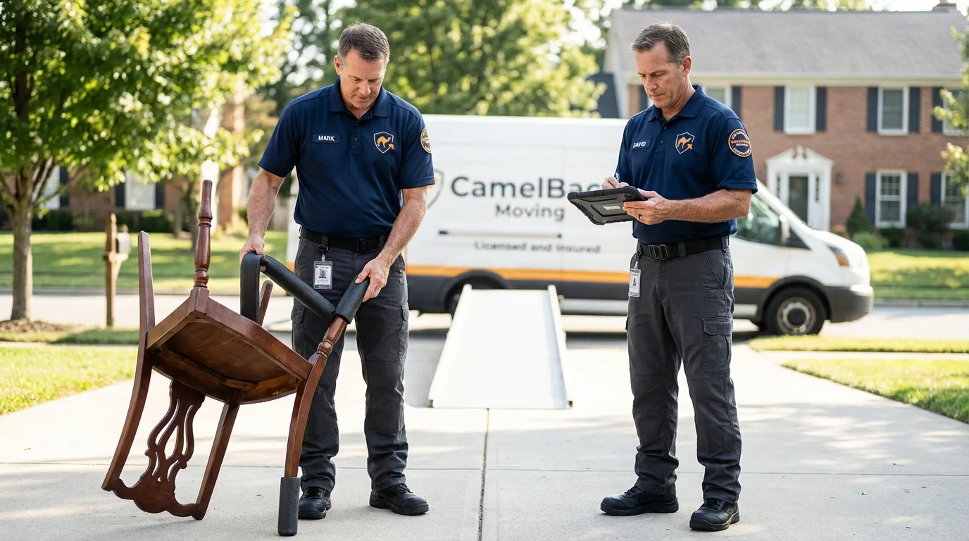 Movers inspecting furniture for damage prevention before loading in Fairview, NC